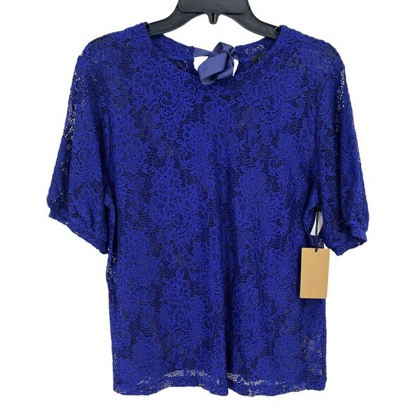 Halogen Blue Lace Tie Back Shirt Womens Size Medium Short Sleeves - Picture 1 of 7